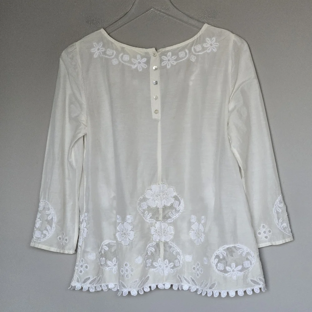 Anthropologie Maeve Cream Silk Embroidered Lace Women's Boho Feminine Fairy Top